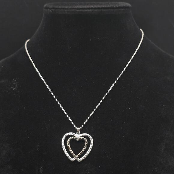 Black Silver Tone Diamond Chip Heart Necklace Pendant - Picture 7 of 10